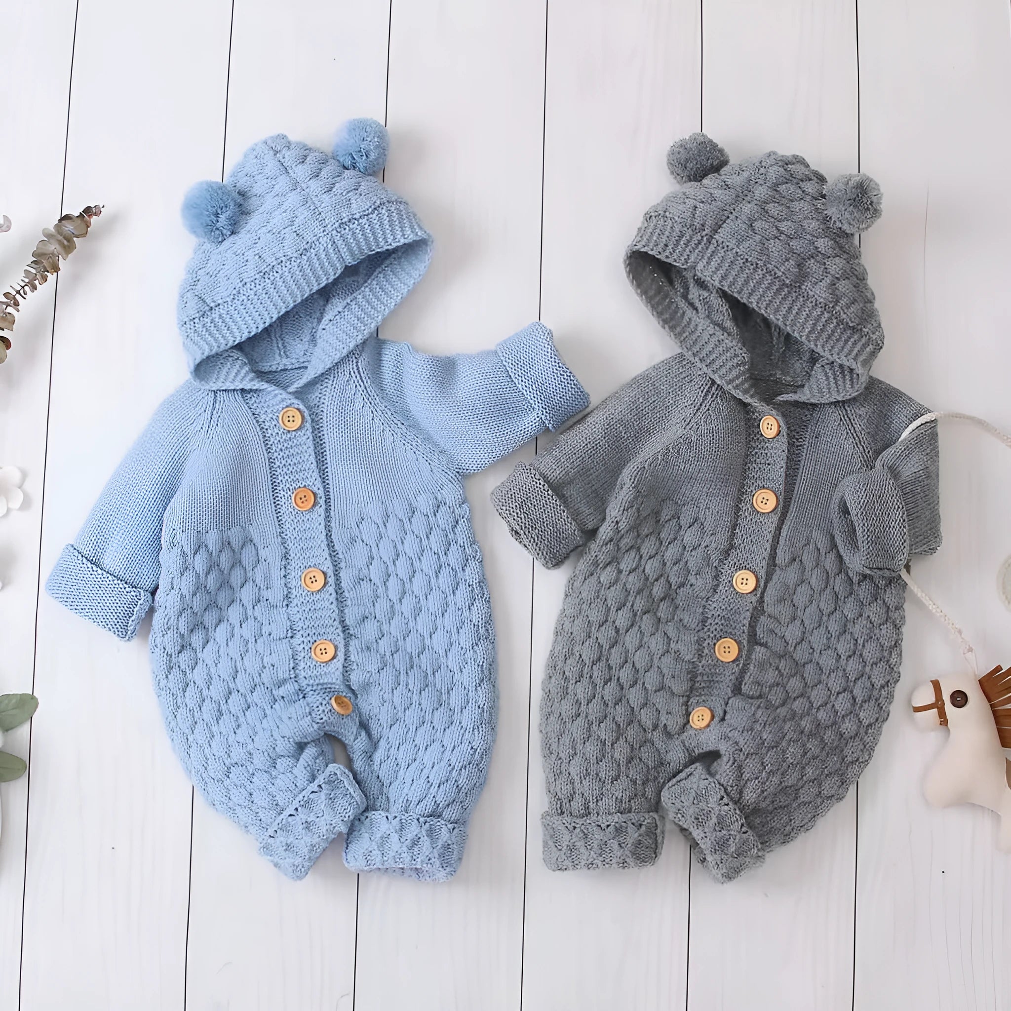 Baby knitted cotton romper, sleeveless hooded, light blue, sizes 66-100cm, Class A safety