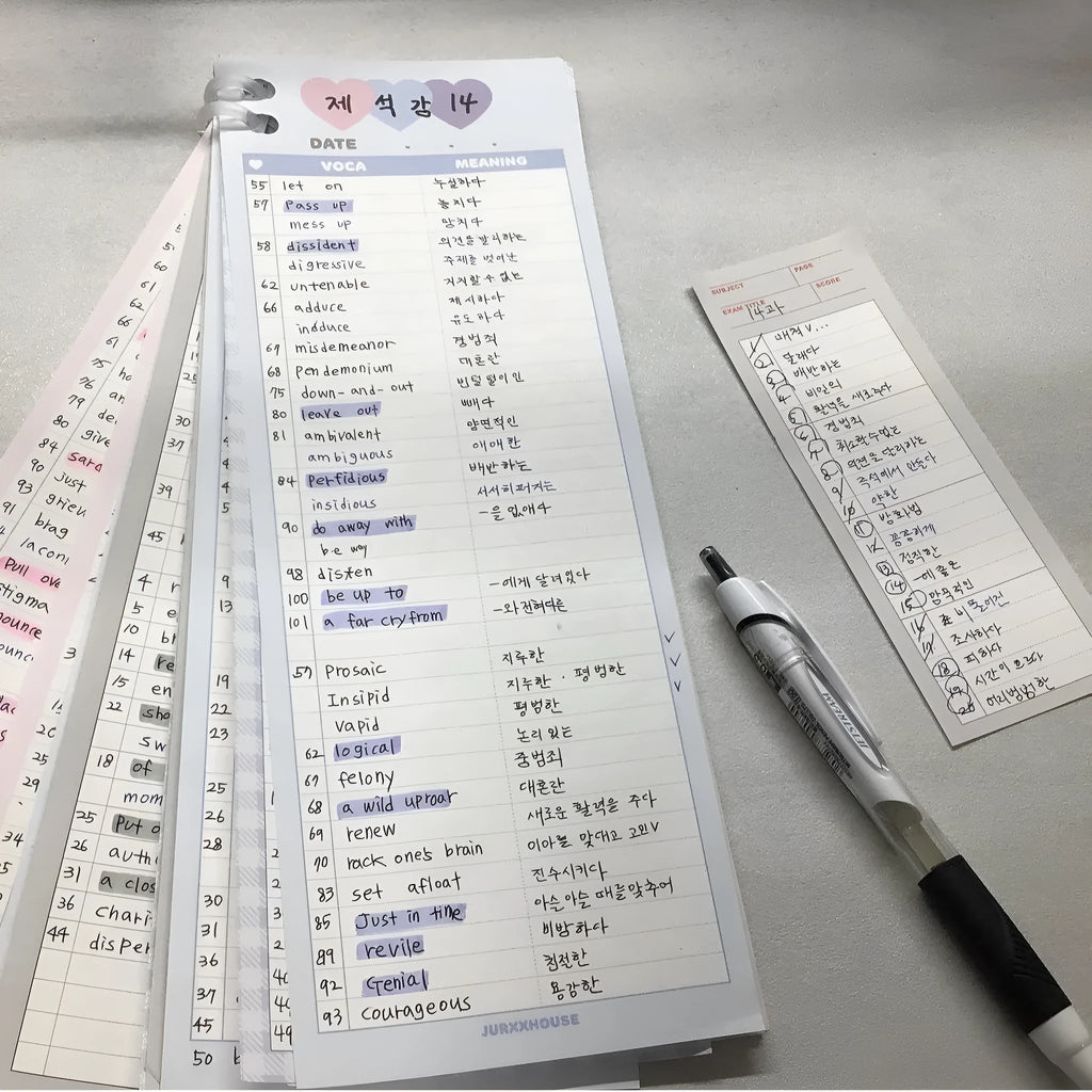 Vertical English words learning notepad with half B5 size measuring 9.1 by 25.7cm