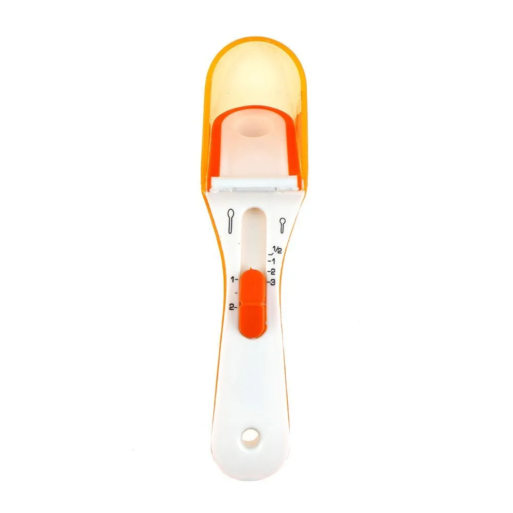Orange and blue digital measuring spoons with magnetic base and measurement markings.
