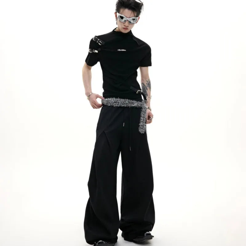 Men's slim fit cotton T-shirt with metal belt accent and small stand-up collar in black and white options