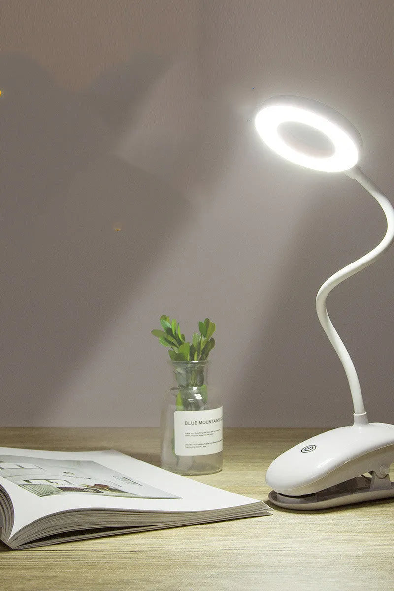 Clip-on rechargeable desk lamp with plastic shade and touch switch in a modern simple design