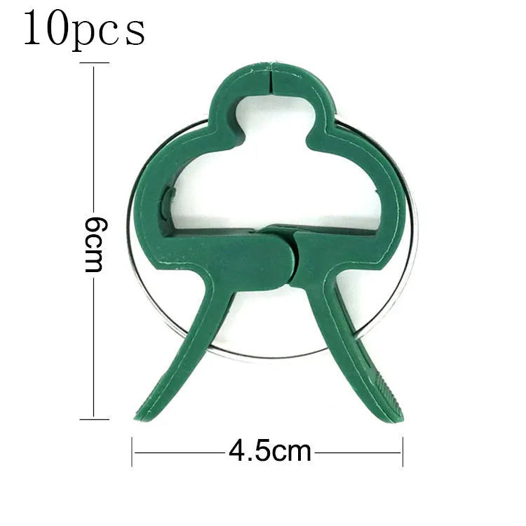 Green plastic plant fixing clips, large and small sizes, for securing climbing vegetables and vines.