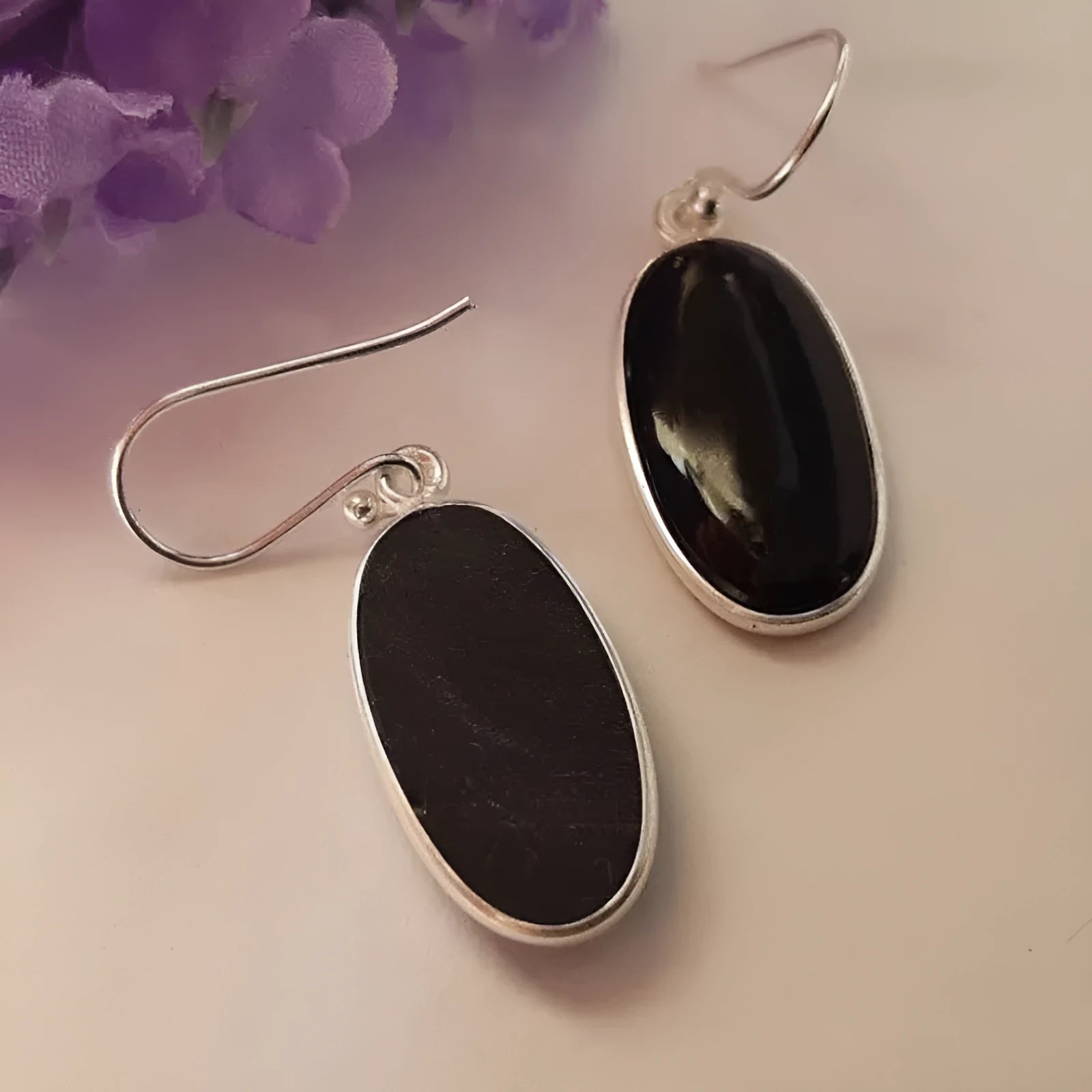 Black oval geometric pendant earrings with electroplated 925 silver alloy for women