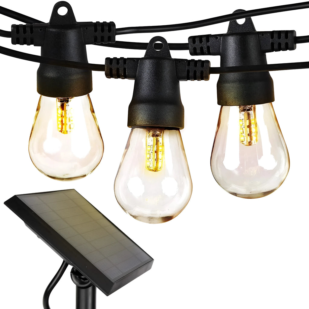 Waterproof solar-powered LED string lights with PVC shell for outdoor patio and garden decoration.