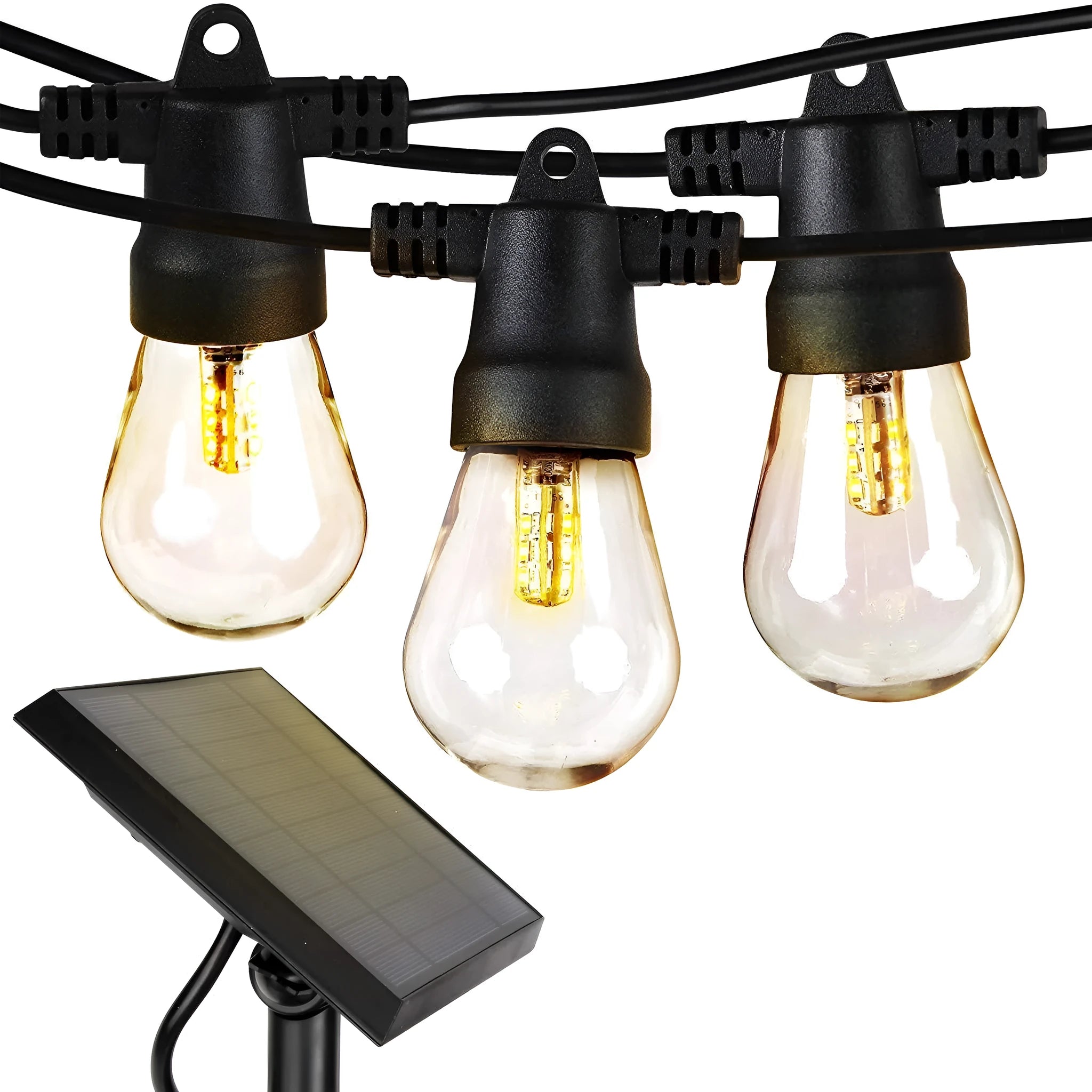 Waterproof solar-powered LED string lights with PVC shell for outdoor patio and garden decoration.