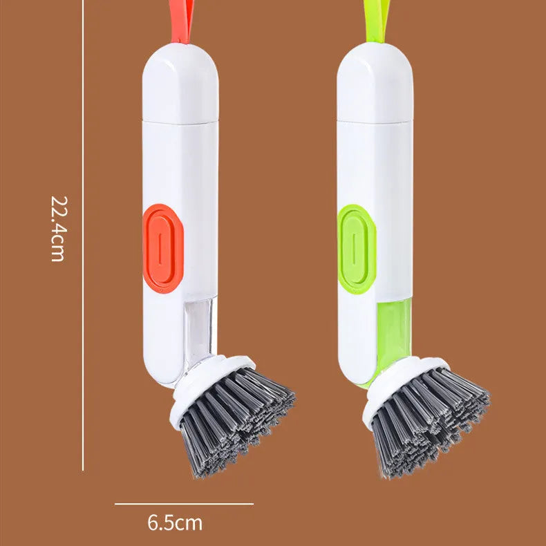 White and red long-handle kitchen brush with liquid dispenser button and two spare brush heads