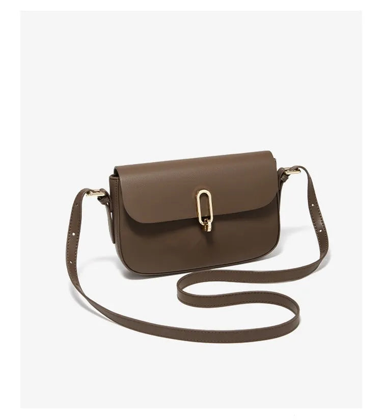Black genuine leather square messenger bag with shoulder strap showing internal zipper pocket