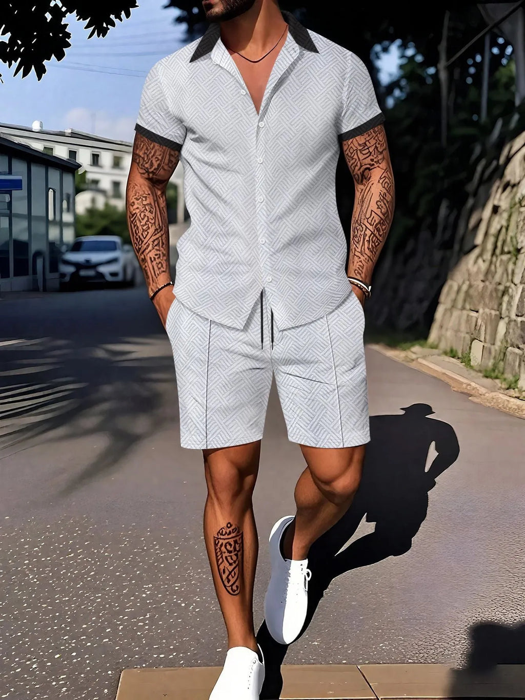 Man wearing a casual short sleeve digital print suit set consisting of a top and matching shorts.
