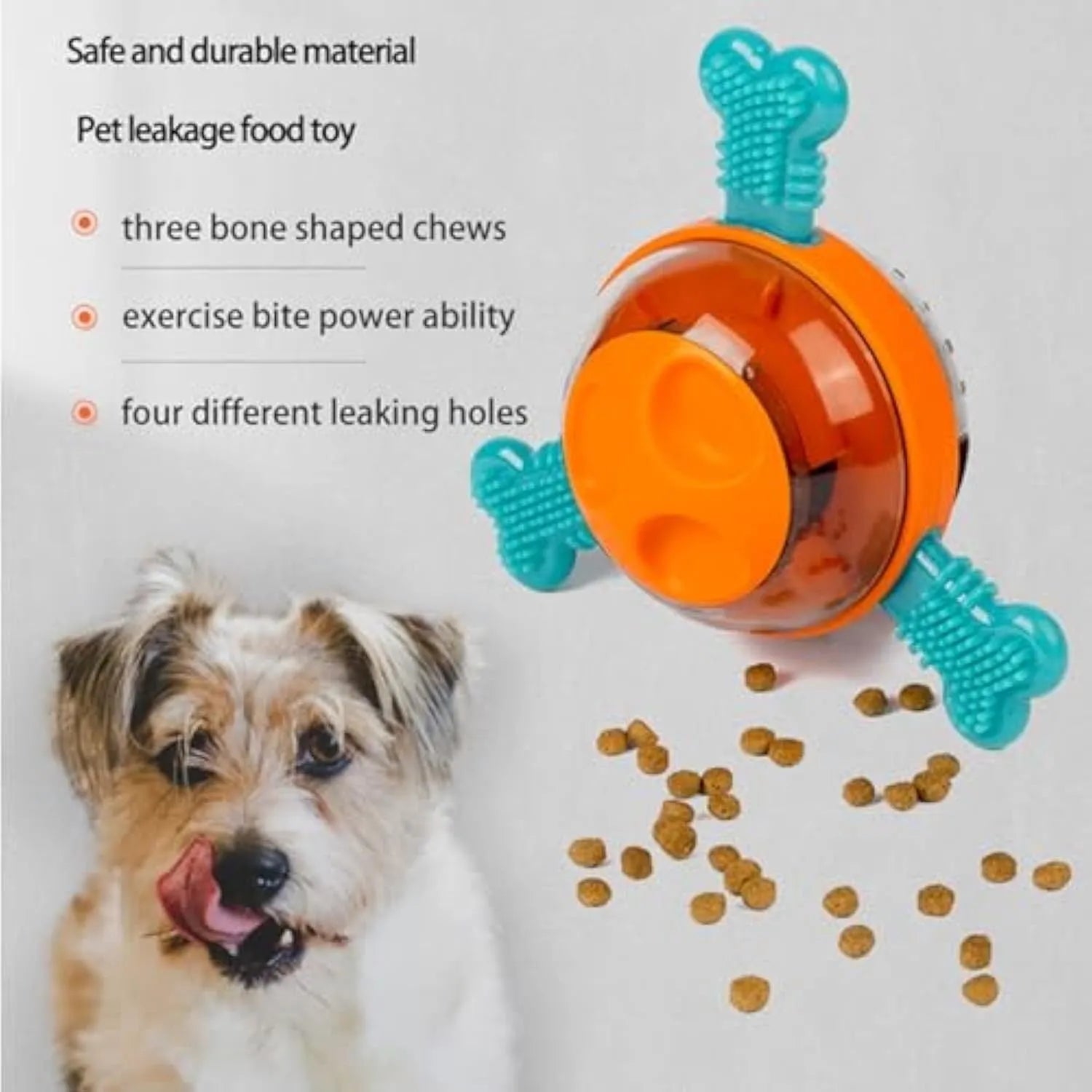 Blue rubber interactive dog toy with bone shapes for slow feeding and treat dispensing