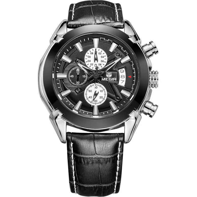 Men's multifunctional quartz watch with three-eye display and luminous hands in waterproof construction
