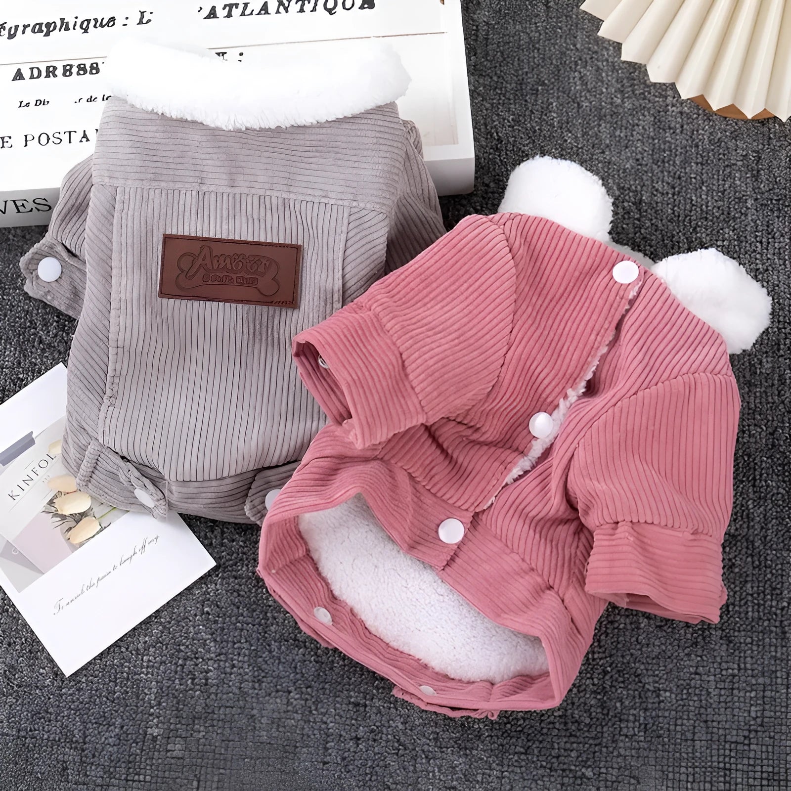 Lambswool dog vest with fleece lining in grey and pink colours for autumn and winter warmth