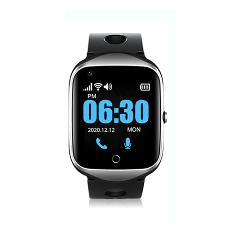 Black intelligent positioning phone watch for the elderly with a square 1.3-inch screen and silicone strap.