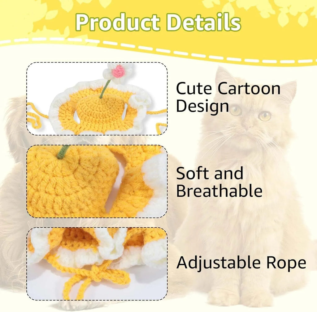 Soft knitted cartoon design hat for a cat or small dog on a mannequin head, shown in green.