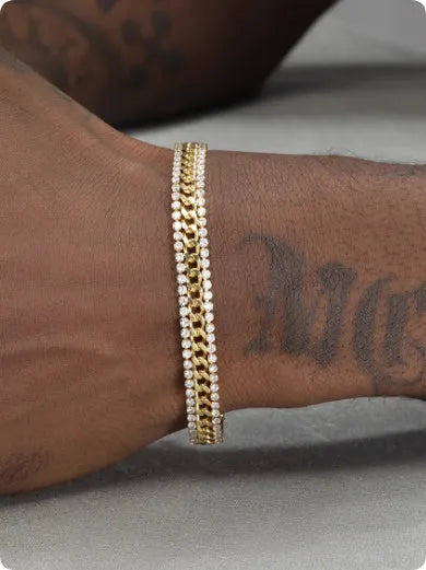 14K gold-plated titanium steel tennis bracelet with artificial gemstone inlay in European American hip hop style