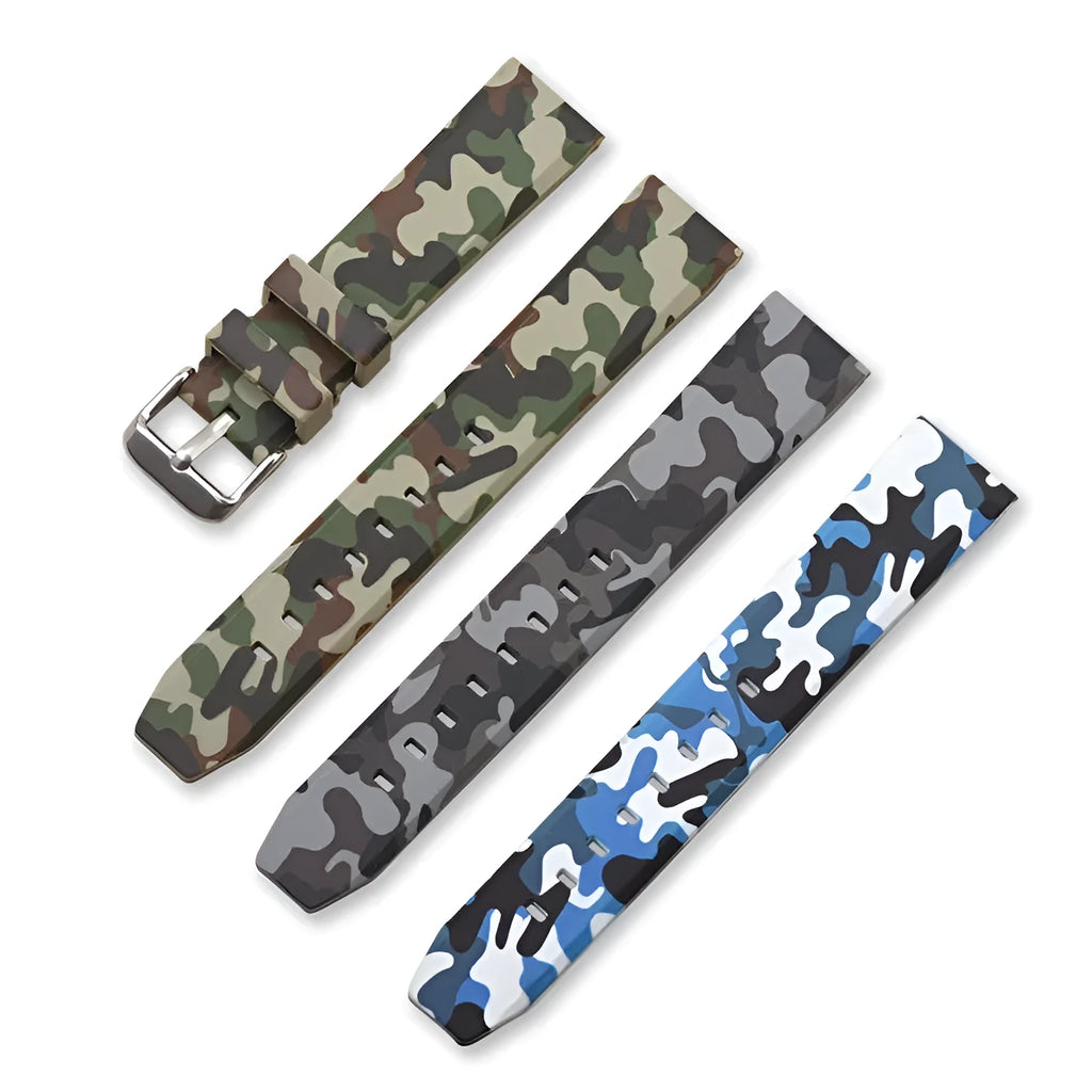 Green camouflage silicone watch strap shown detached, displaying its 20mm width and flat head lug design.