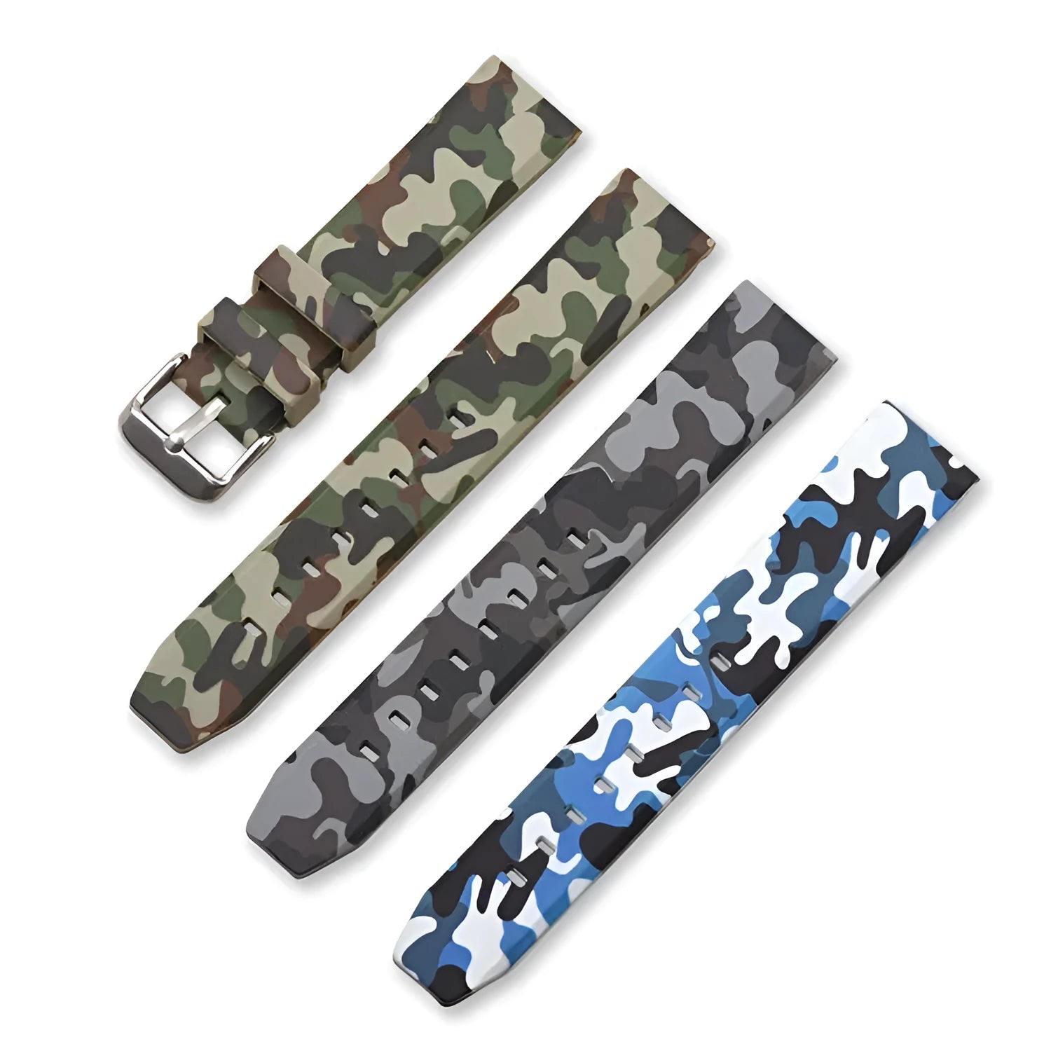Green camouflage silicone watch strap shown detached, displaying its 20mm width and flat head lug design.