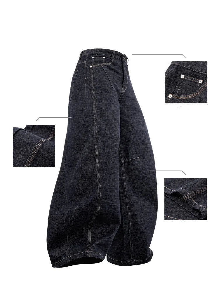 Men's wide leg denim trousers in original cow colour cotton fabric with mid-waist fit
