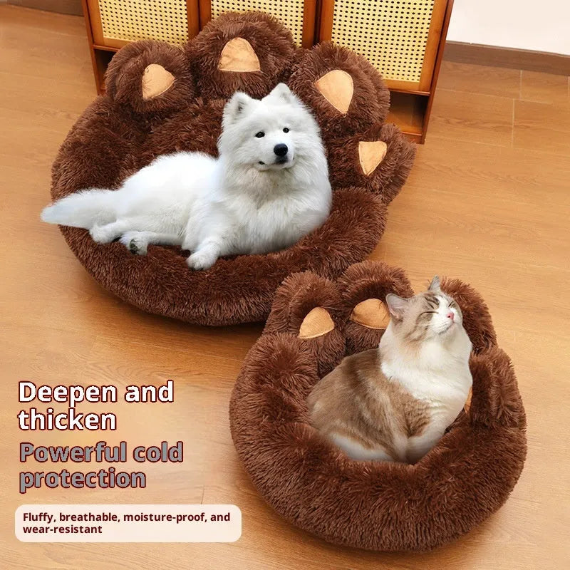 Plush kennel thickened pet bed for dog in coffee colour hand-shaped brush nest design
