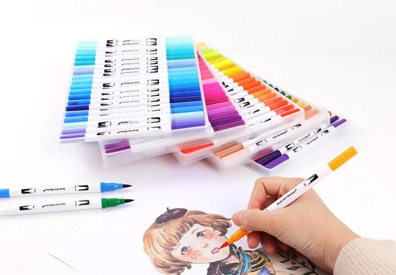 Set of watercolour pens in a case, showing multiple colour options including 100, 72, 60, and 48 count packs.