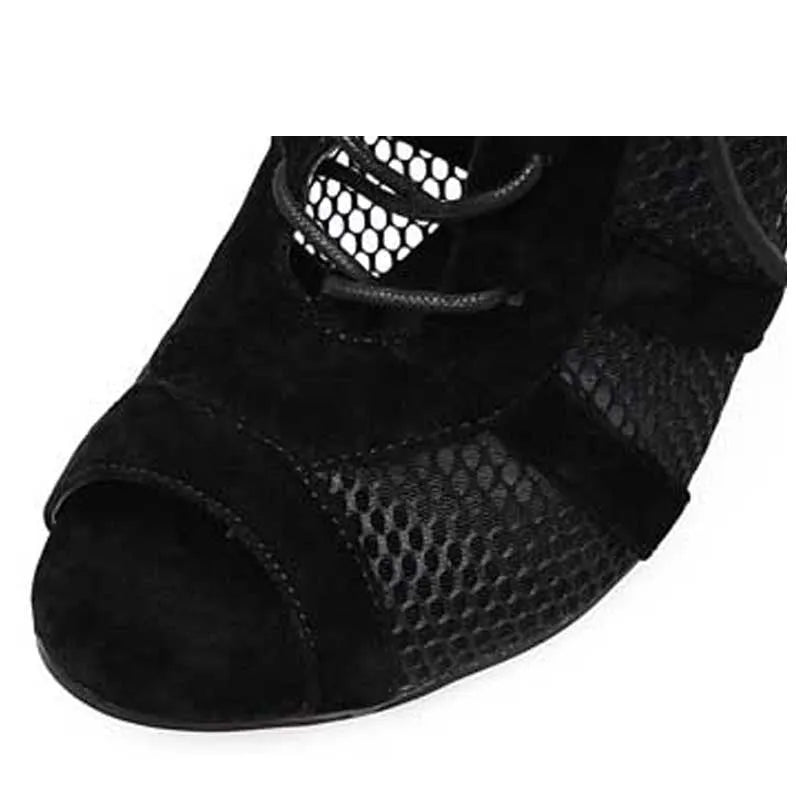 Black suede women's lace-up high heel shoes with an 11.5cm heel and 1cm front platform.