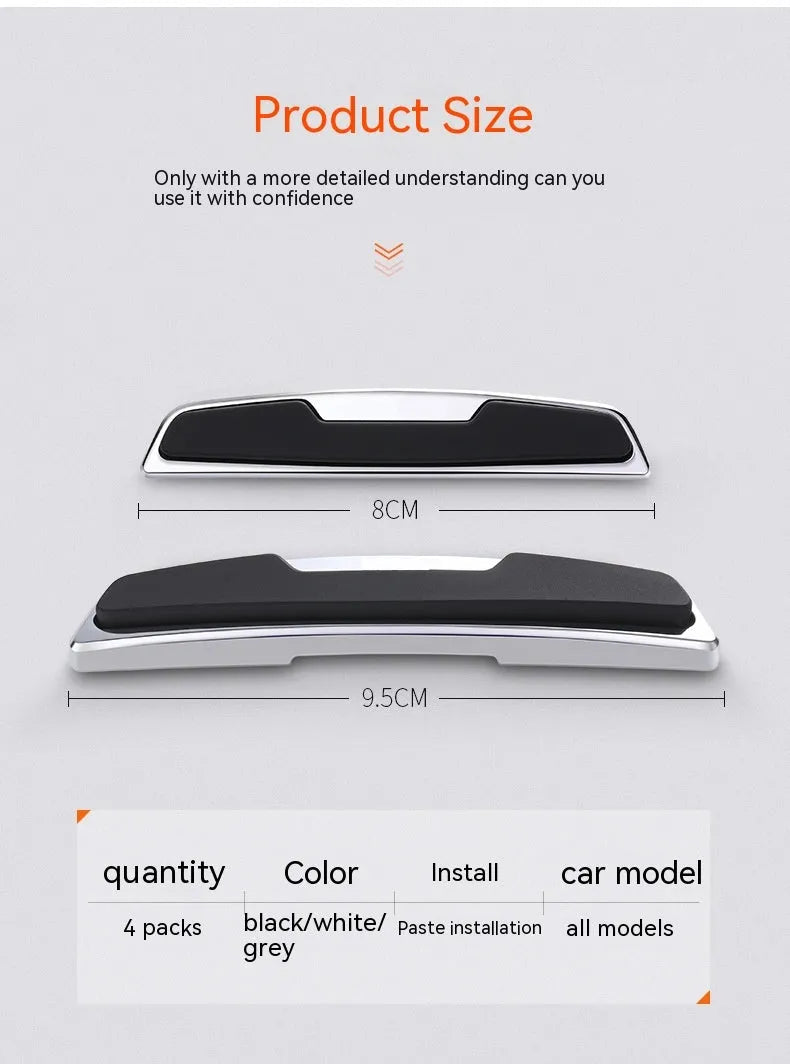 Black plastic silicone car door bumper strips measuring 9.5 by 2 centimetres in a four-piece set