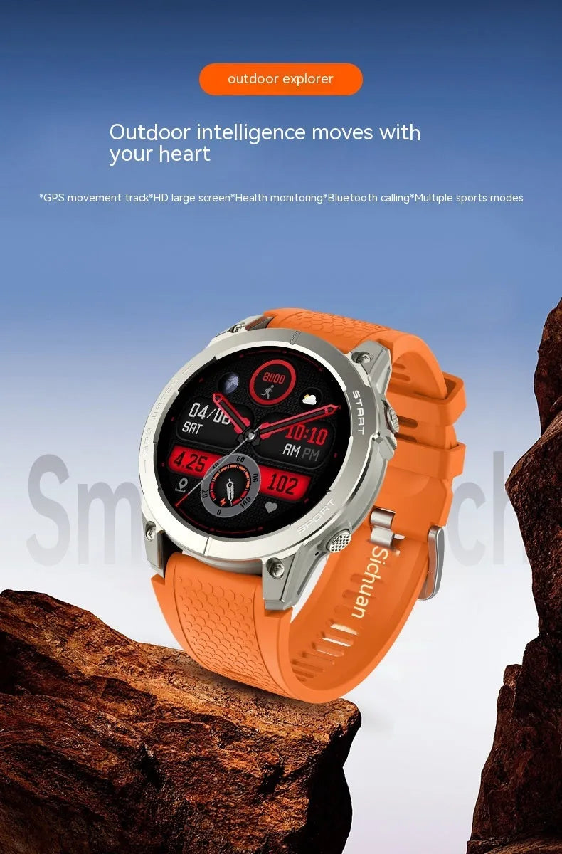 S53 Outdoor GPS Sports Call Smart Watch with black silicone strap and 1.43-inch touchscreen display.