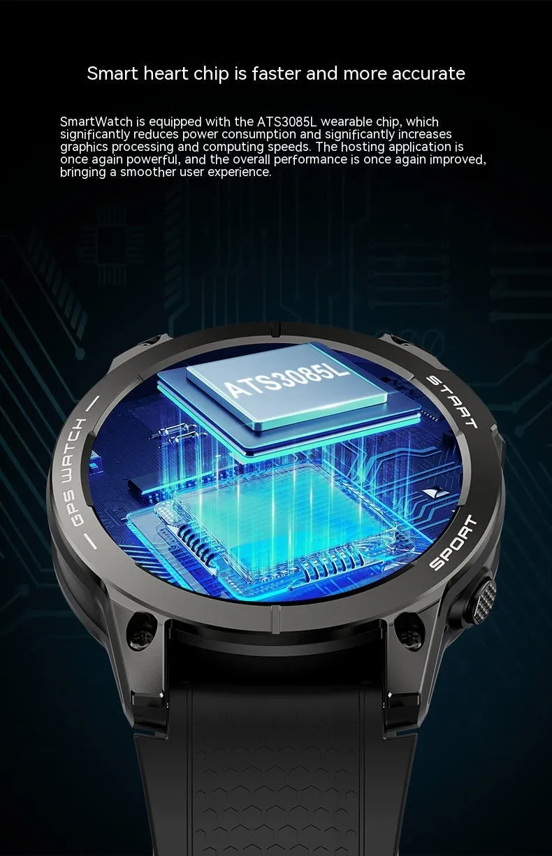 S53 Outdoor GPS Sports Call Smart Watch with black silicone strap and 1.43-inch touchscreen display.
