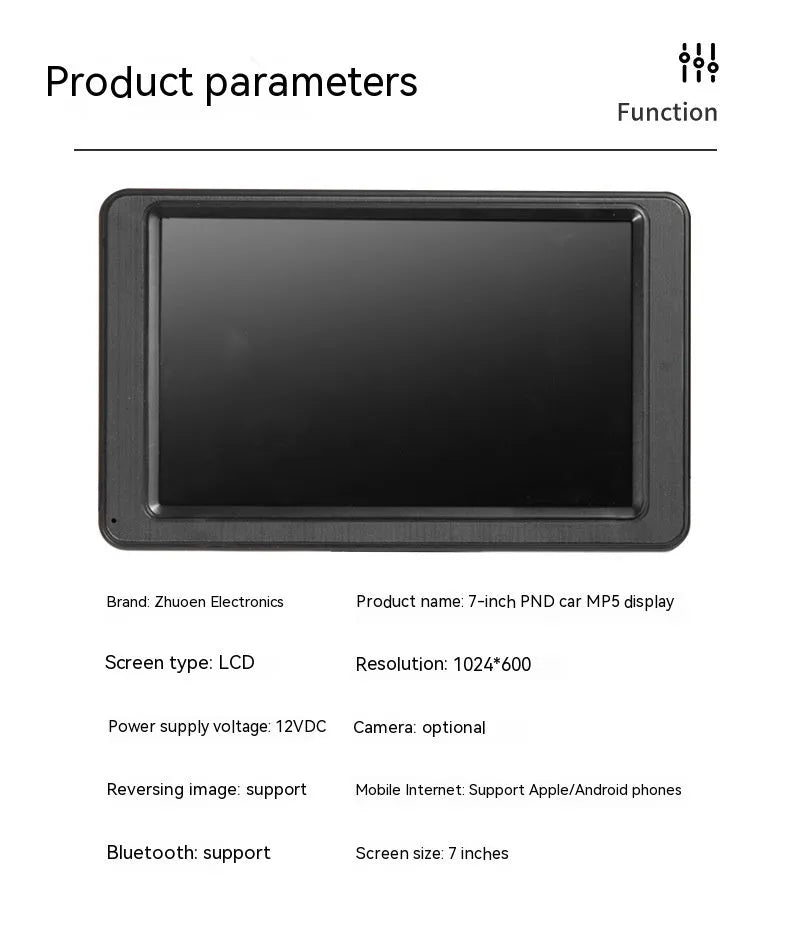 7-inch vehicle MP5 player with LCD screen and mounting bracket on black background