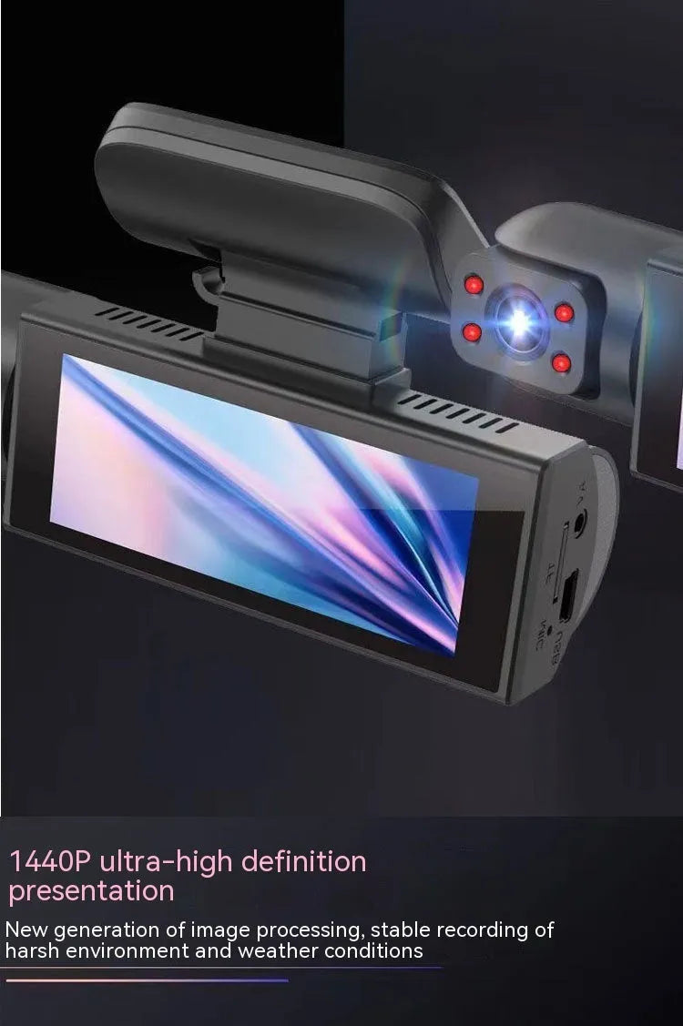 Dual-lens HD driving recorder with 3.5-inch LCD screen mounted on car windshield.