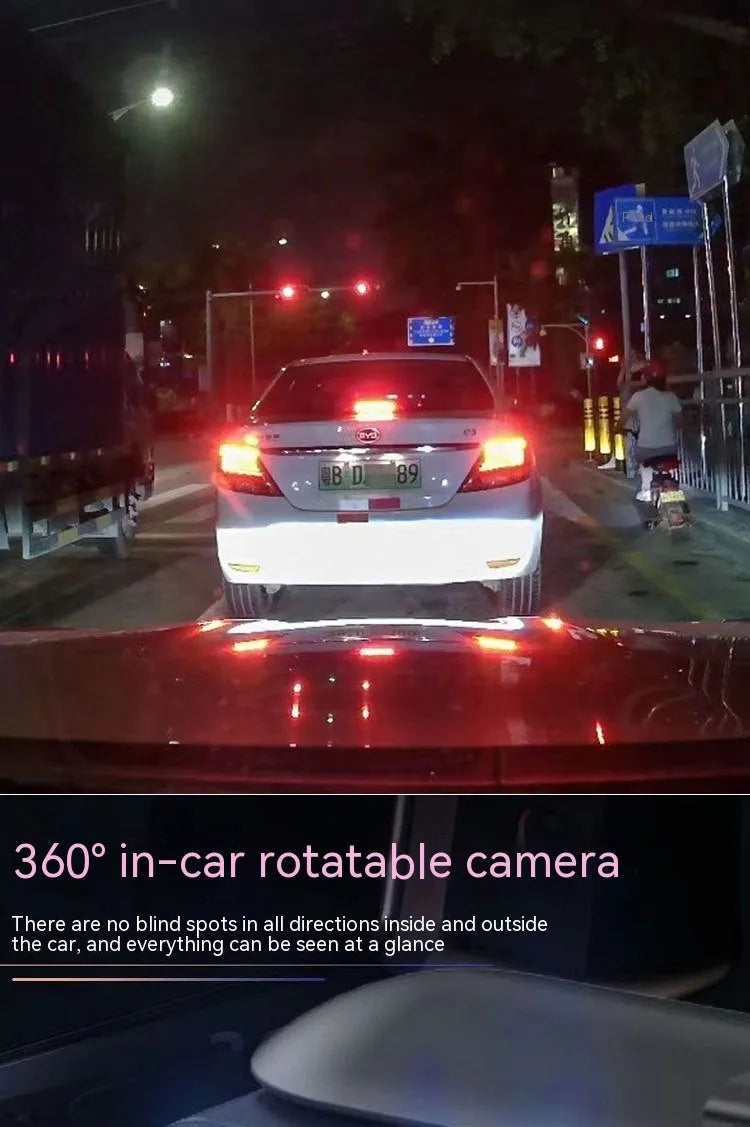 Dual-lens HD driving recorder with 3.5-inch LCD screen mounted on car windshield.