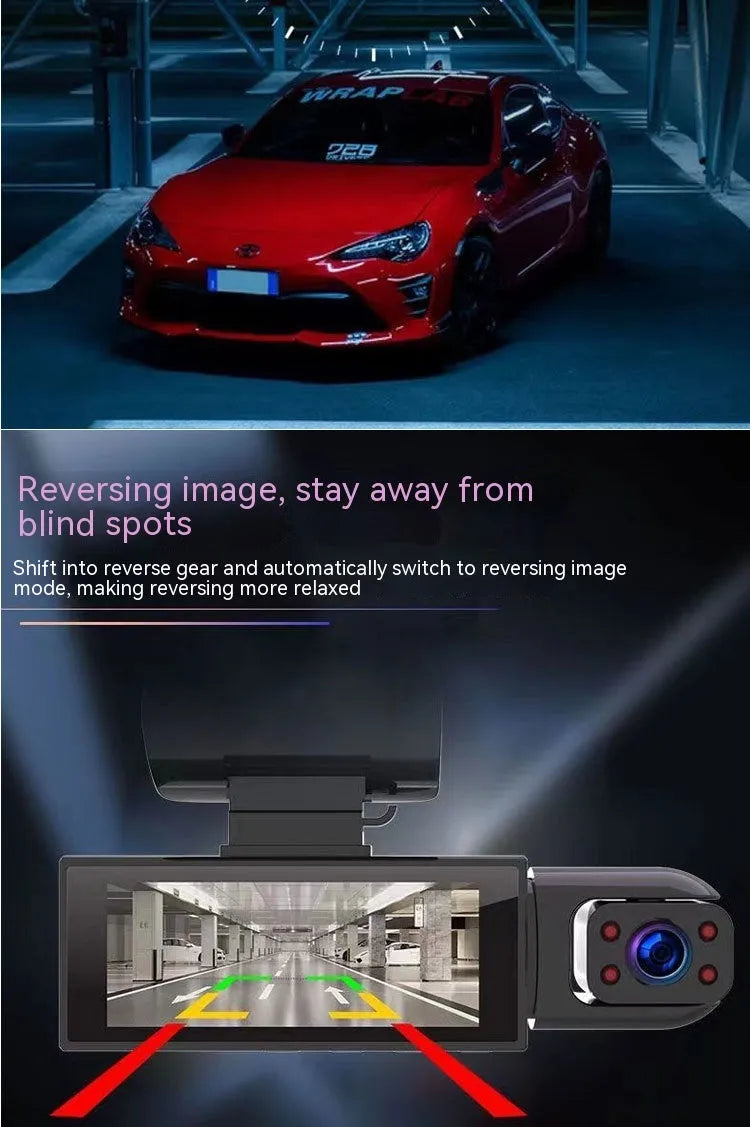 Dual-lens HD driving recorder with 3.5-inch LCD screen mounted on car windshield.