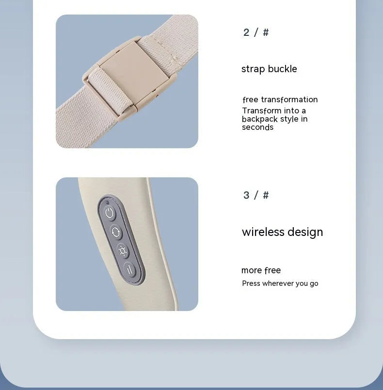 Beige neck massager with six massage nodes and hot compress function on a chair