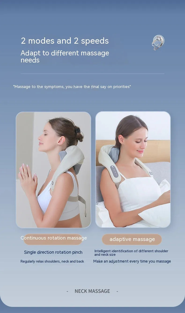 Beige neck massager with six massage nodes and hot compress function on a chair