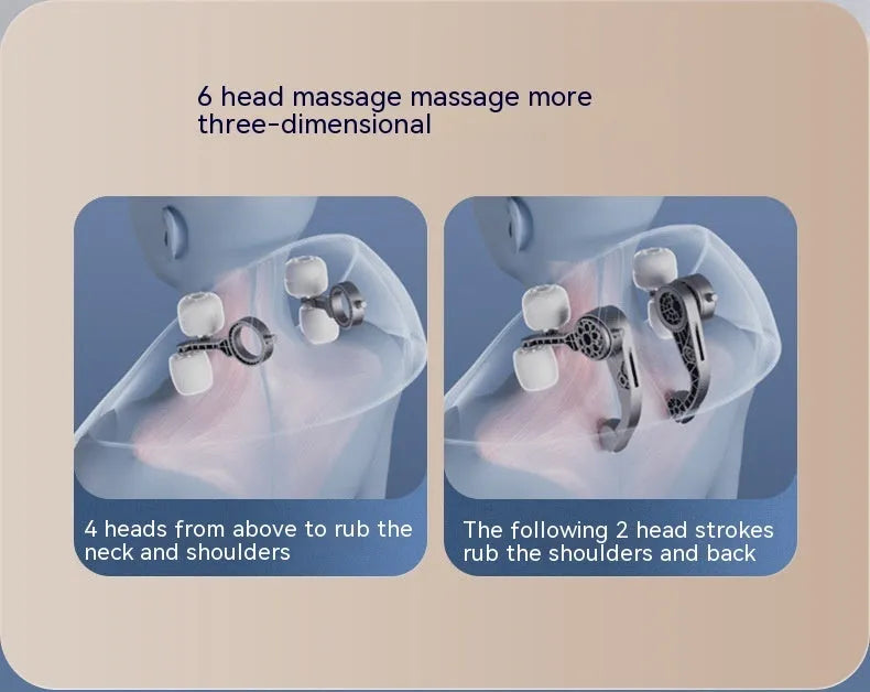 Beige neck massager with six massage nodes and hot compress function on a chair