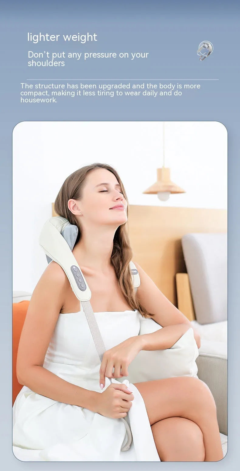 Beige neck massager with six massage nodes and hot compress function on a chair