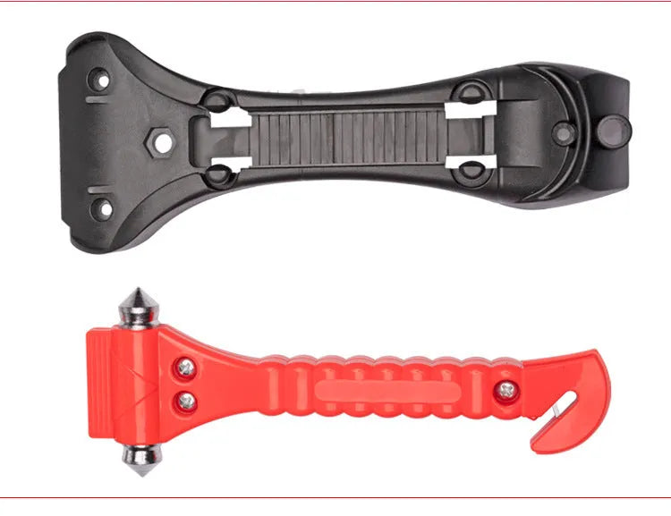 Red car life hammer with solid ABS plastic body and carbon steel window-breaking tip