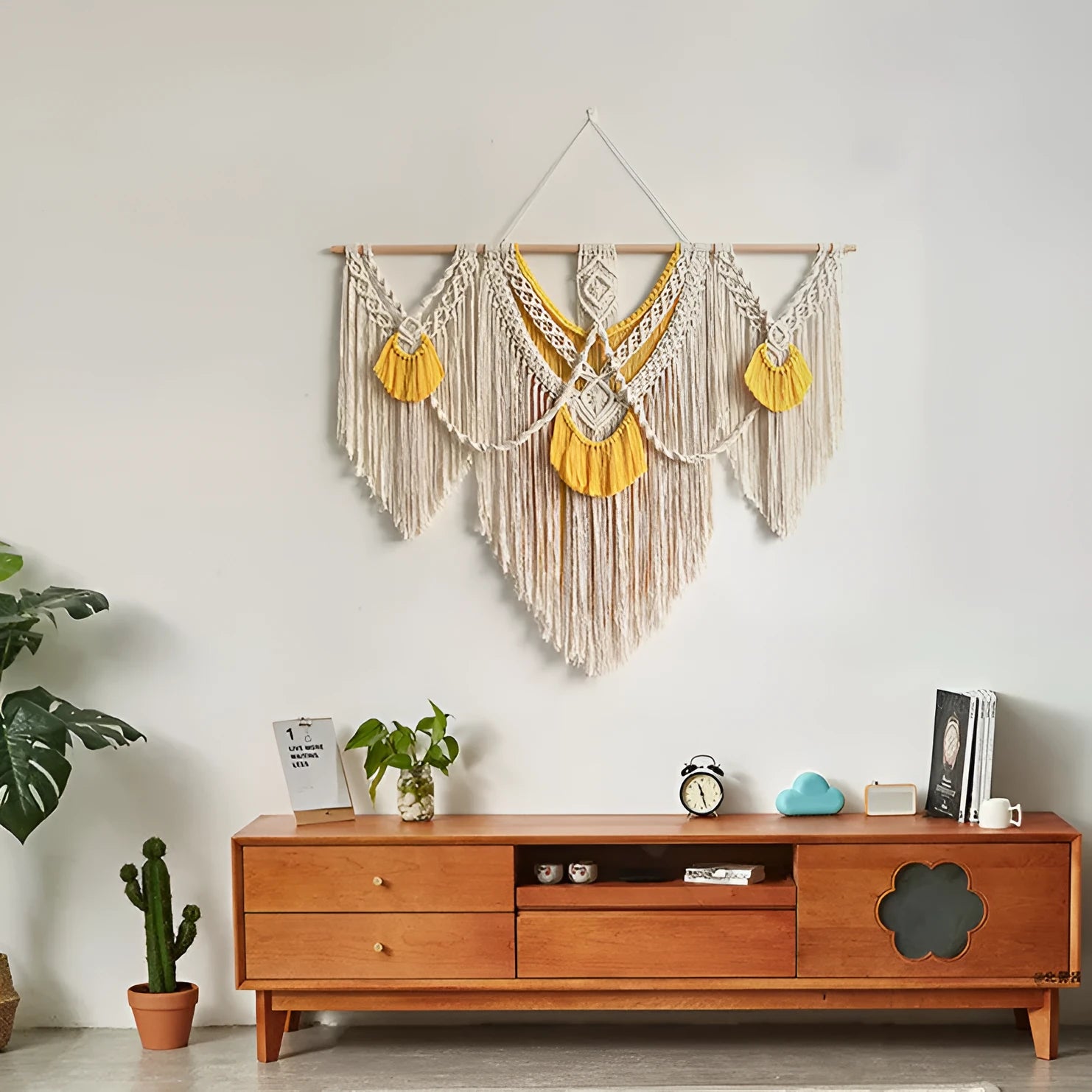 Nordic style creamy white cotton tapestry wall hanging measuring 120x95cm with hand-woven texture