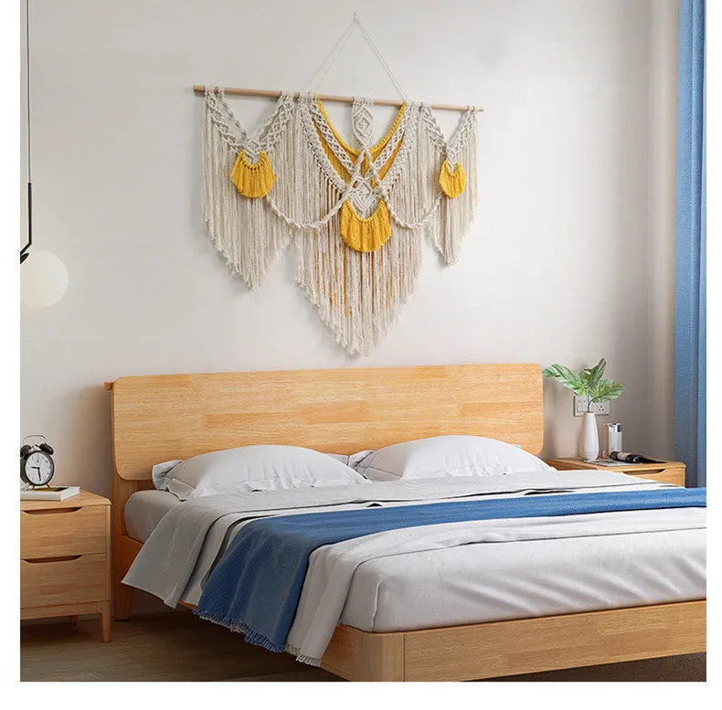 Nordic style creamy white cotton tapestry wall hanging measuring 120x95cm with hand-woven texture
