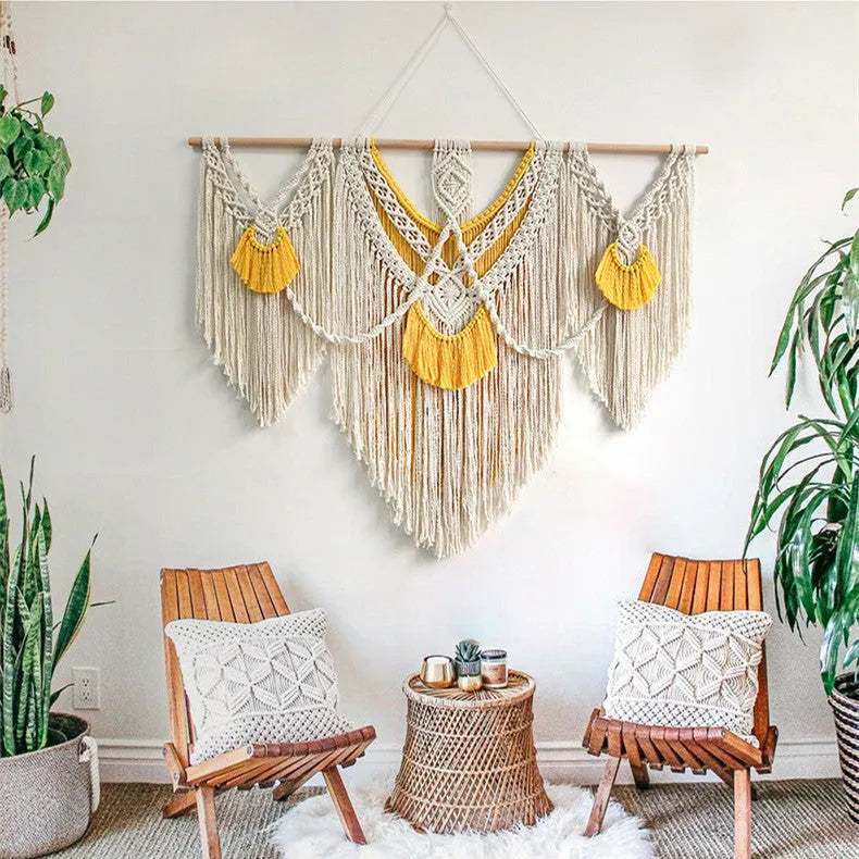 Nordic style creamy white cotton tapestry wall hanging measuring 120x95cm with hand-woven texture
