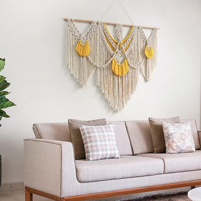 Nordic style creamy white cotton tapestry wall hanging measuring 120x95cm with hand-woven texture