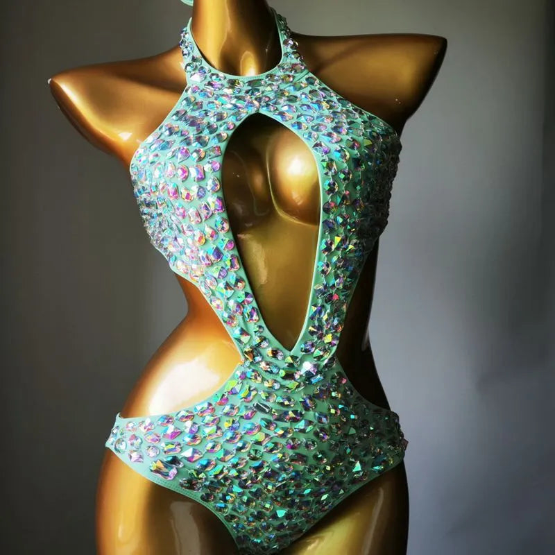 Women's one-piece diamond mesh swimsuit in army green colour