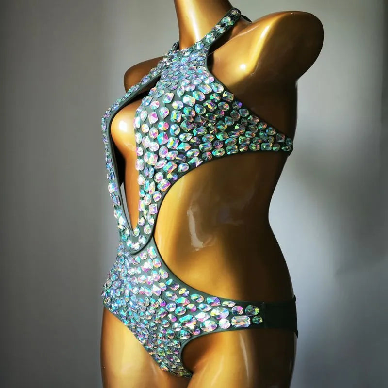 Women's one-piece diamond mesh swimsuit in army green colour