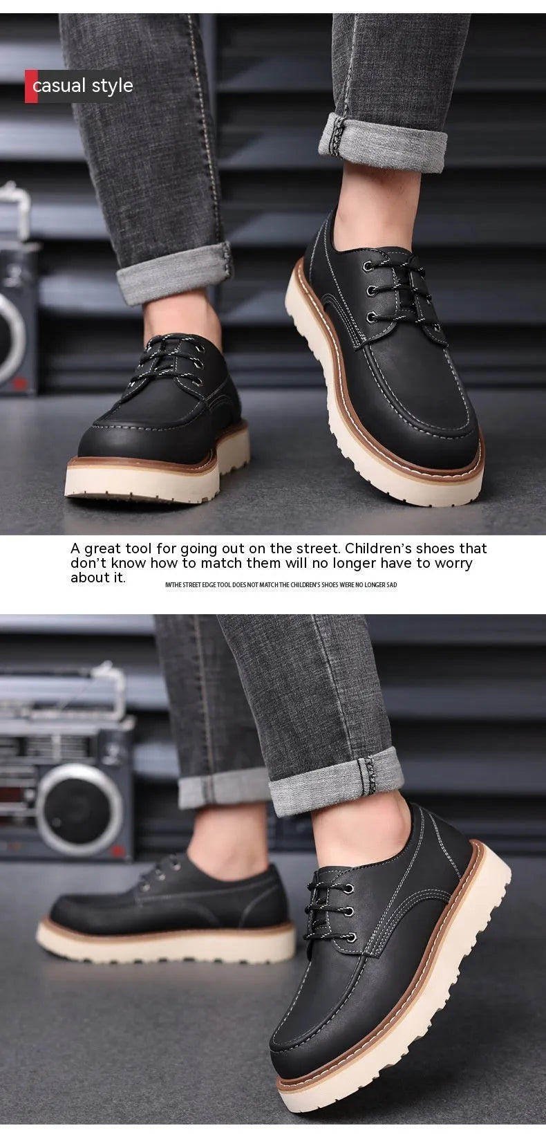 Men's black retro low-top casual boots with round toe and rubber sole on a neutral background.