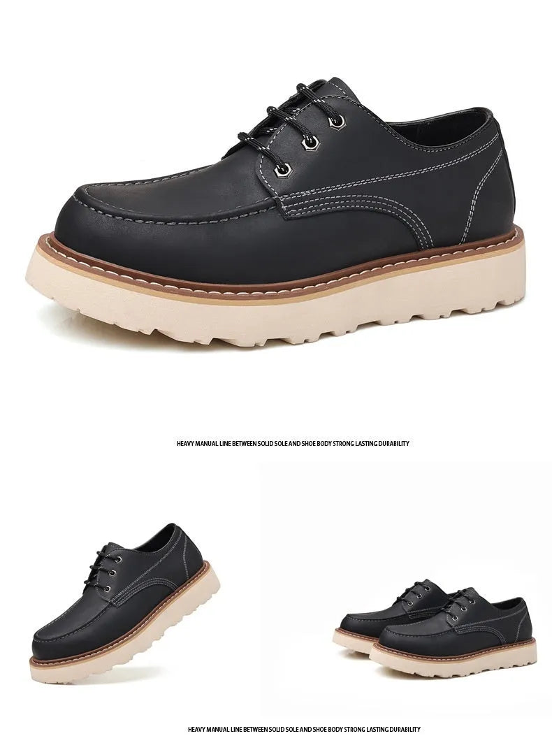 Men's black retro low-top casual boots with round toe and rubber sole on a neutral background.