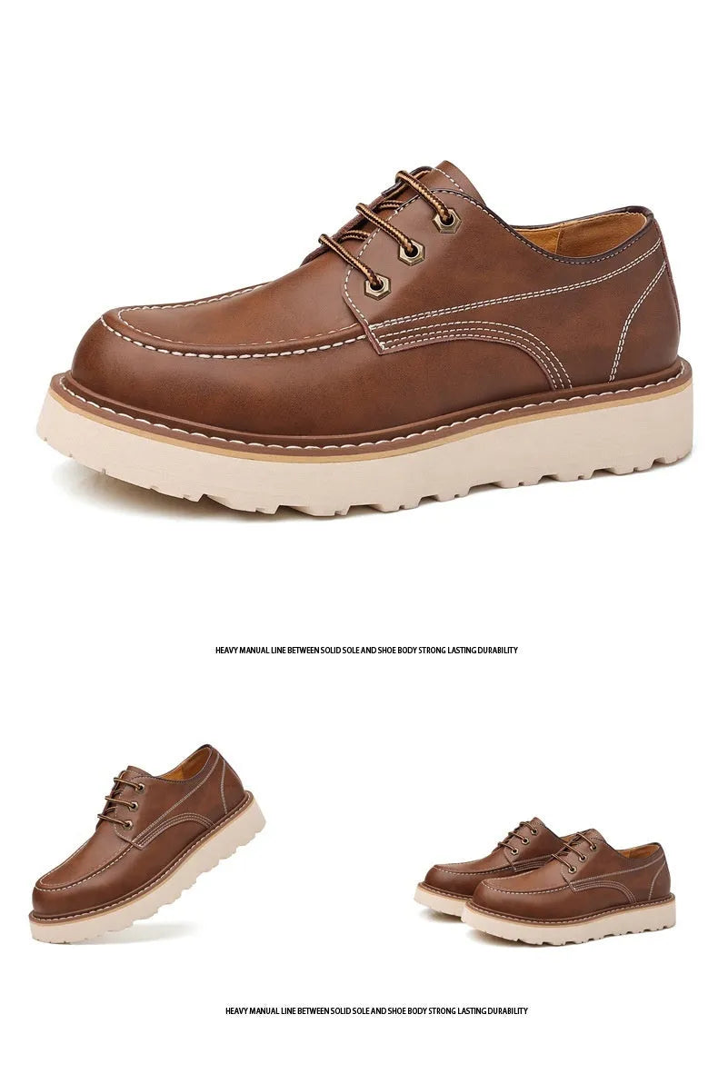 Men's black retro low-top casual boots with round toe and rubber sole on a neutral background.