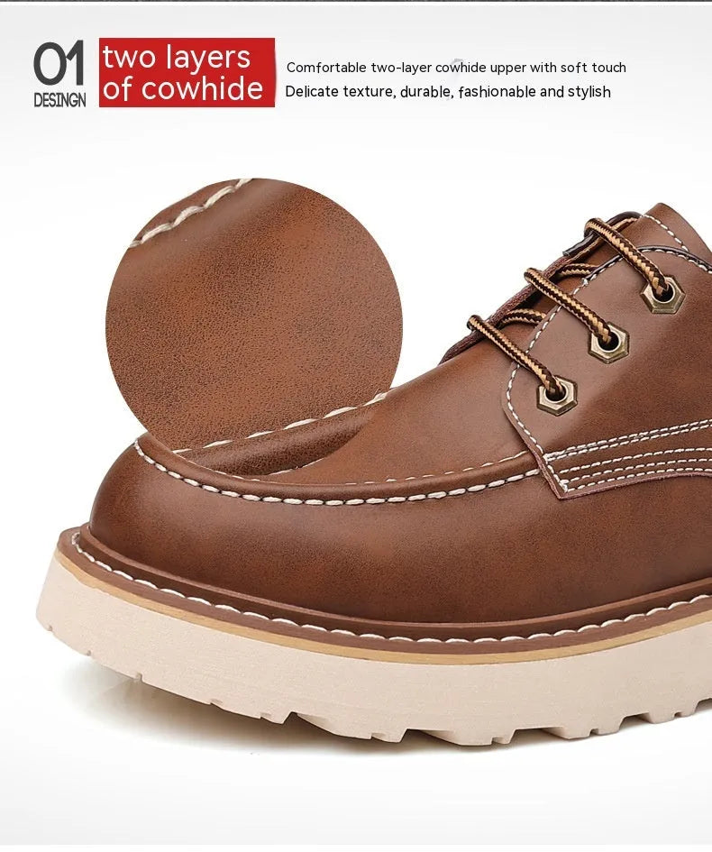 Men's black retro low-top casual boots with round toe and rubber sole on a neutral background.