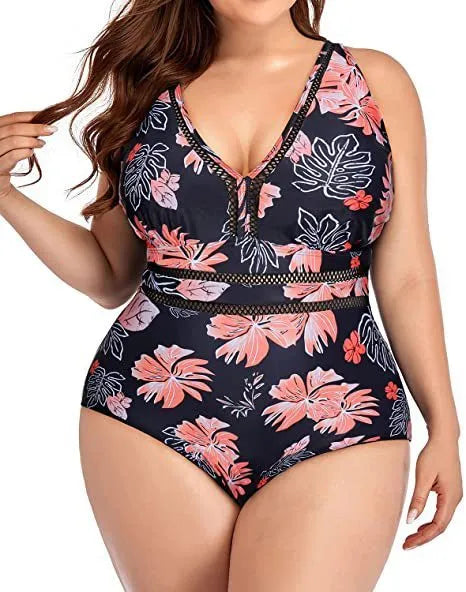 Black plus size women's bikini swimsuit with print pattern on polyester mesh fabric