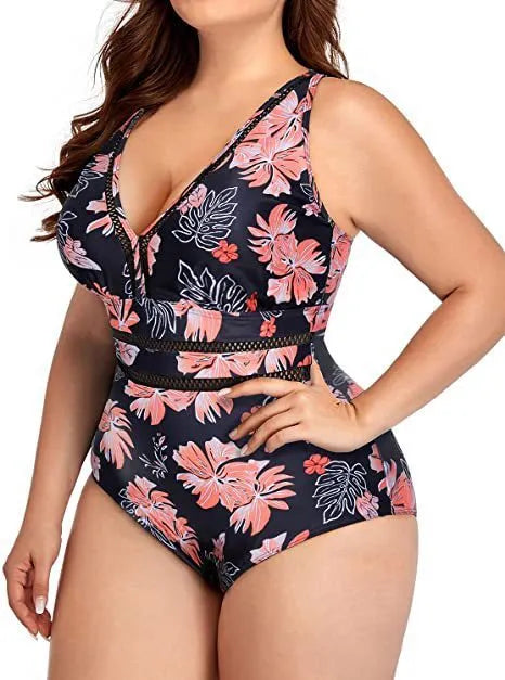 Black plus size women's bikini swimsuit with print pattern on polyester mesh fabric