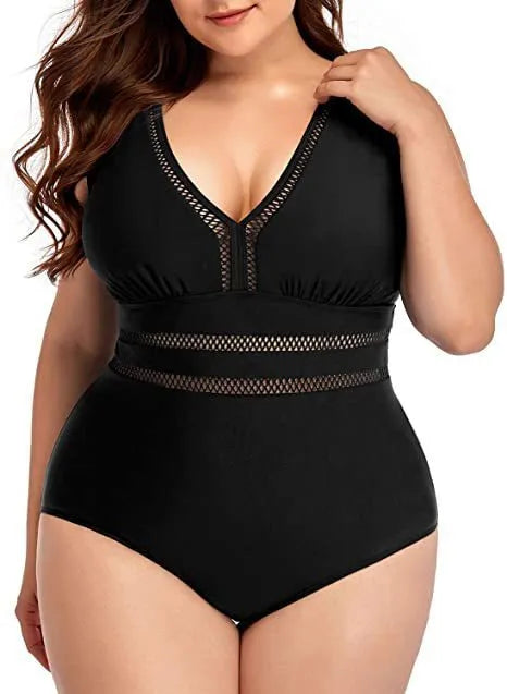Black plus size women's bikini swimsuit with print pattern on polyester mesh fabric