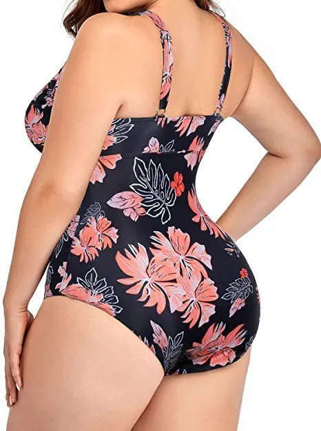 Black plus size women's bikini swimsuit with print pattern on polyester mesh fabric